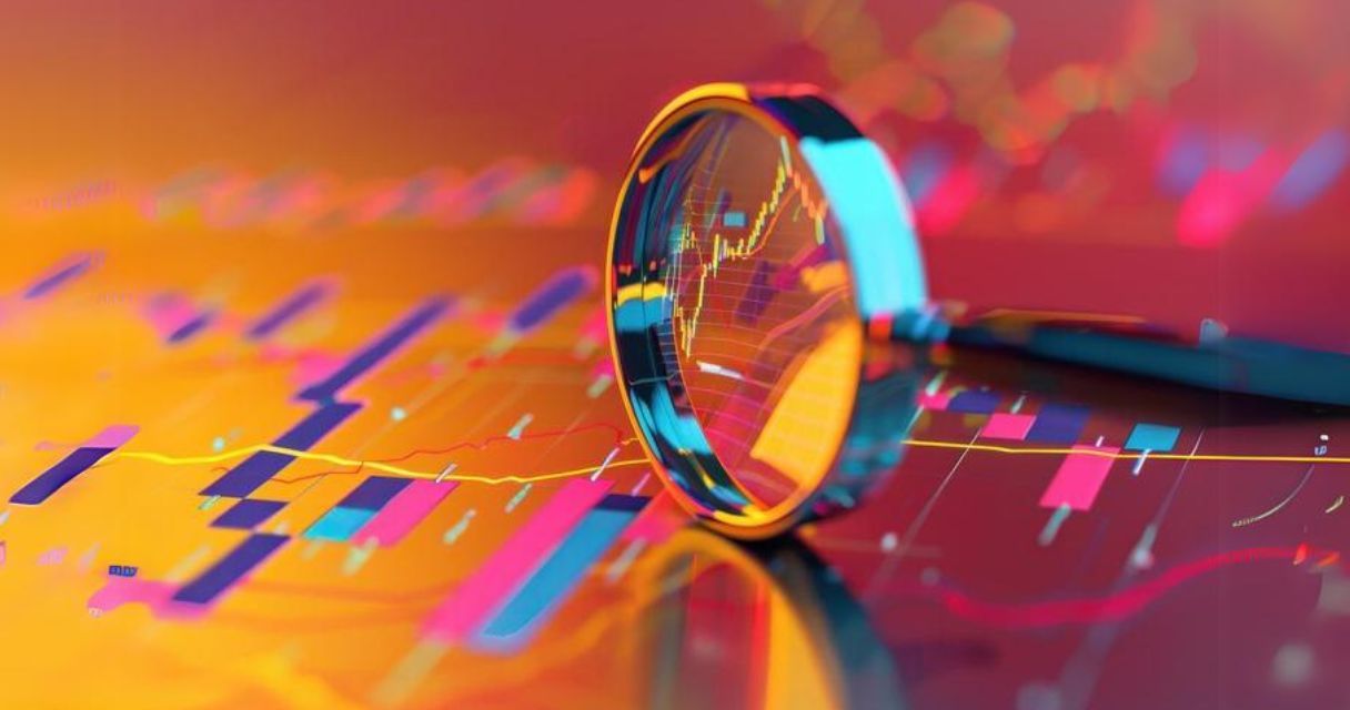 This image features a magnifying glass focusing on a vibrant, colorful graph, symbolizing detailed analysis of financial or data trends.