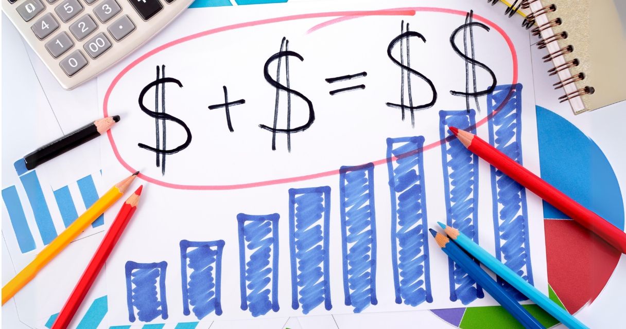 The image illustrates a financial concept of adding and multiplying money, depicted by dollar signs and an upward bar graph, suggesting growth or an increase in profits.