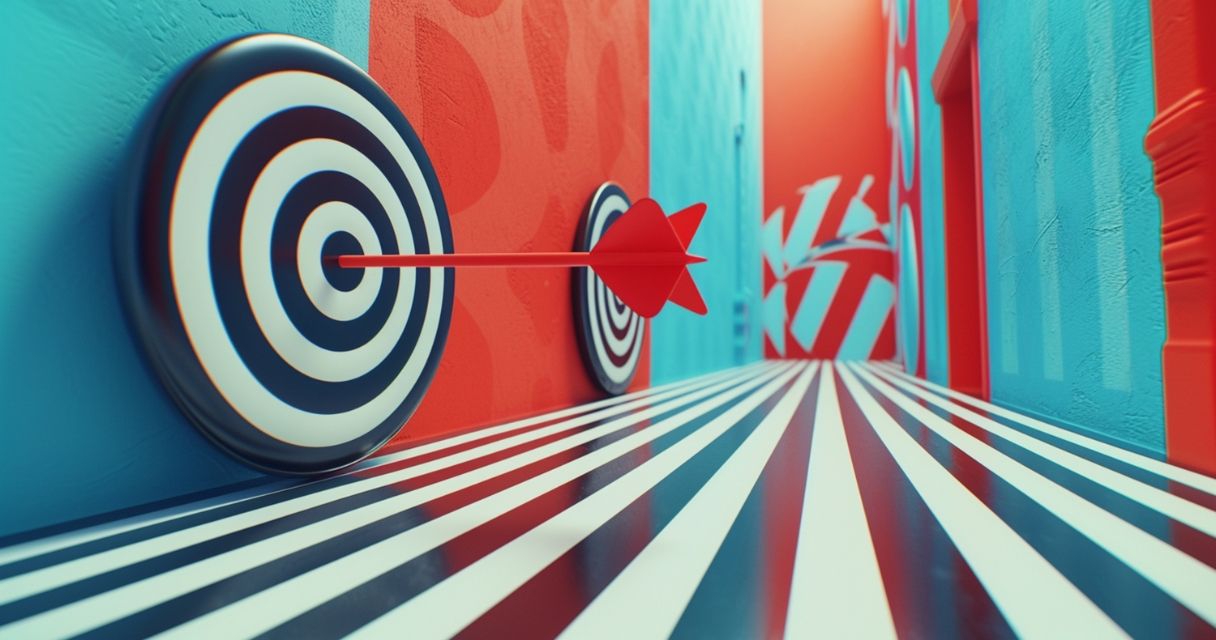 This image shows a corridor with red and blue walls, featuring dartboards and an arrow hitting a bullseye, symbolizing precision and focus.
