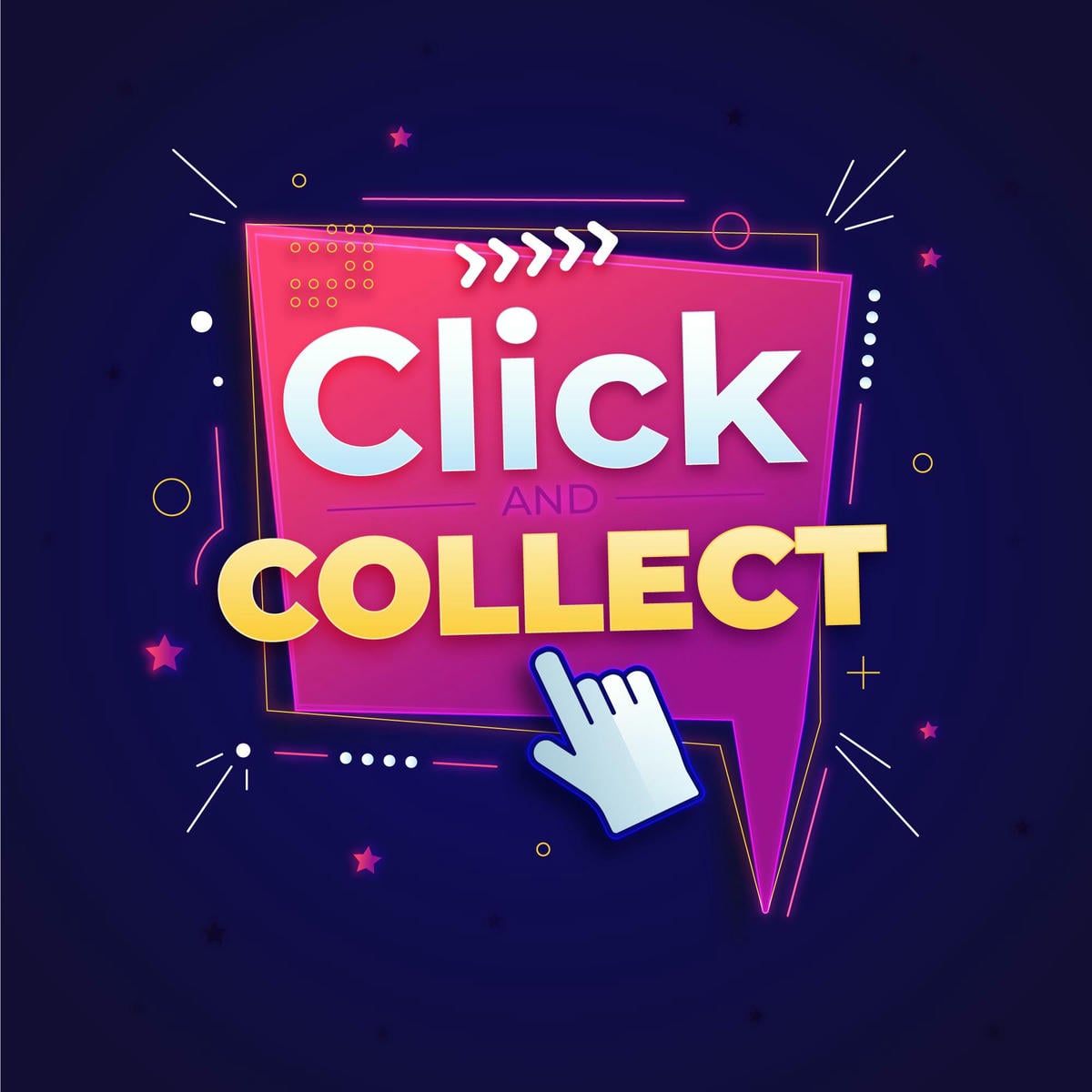 This image displays the phrase "Click and Collect" in neon-style on a dark blue background, emphasizing a digital shopping option.