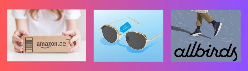 The image highlights Amazon, Warby Parker, and Allbirds as examples of e-commerce brands.