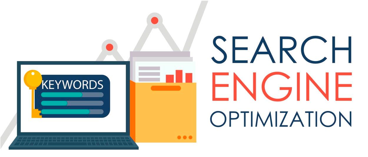 Search Engine Optimization. Laptop with a folder of documents and graphs and key.