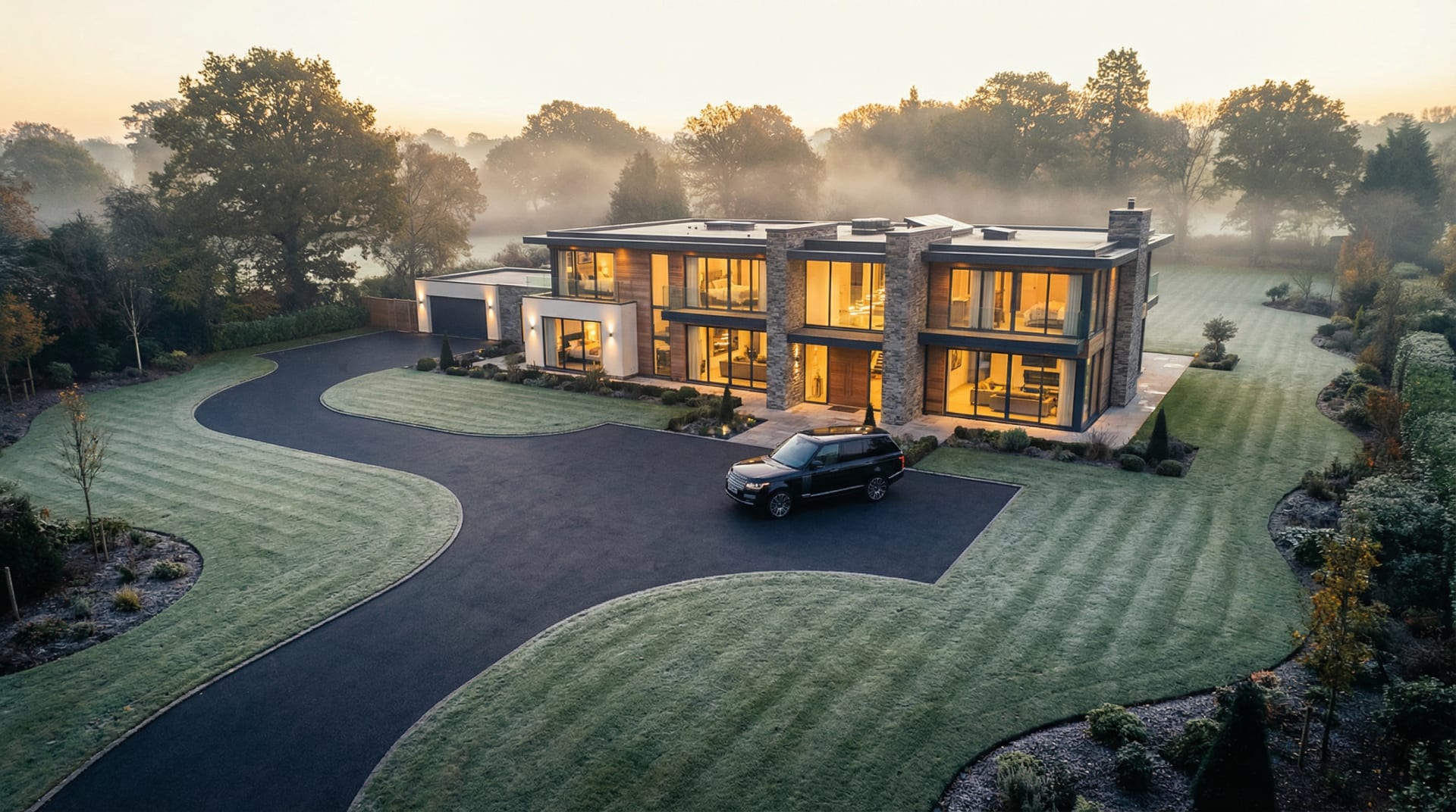 Luxury estate with Surface Thermal heated driveway clear of frost at golden hour