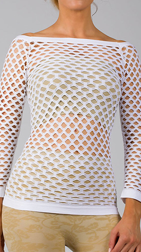 long sleeve fishnet   top-White