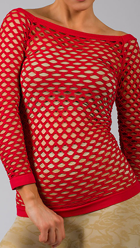 long sleeve fishnet   top-Red