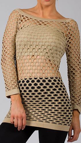 long sleeve fishnet   top-Beige