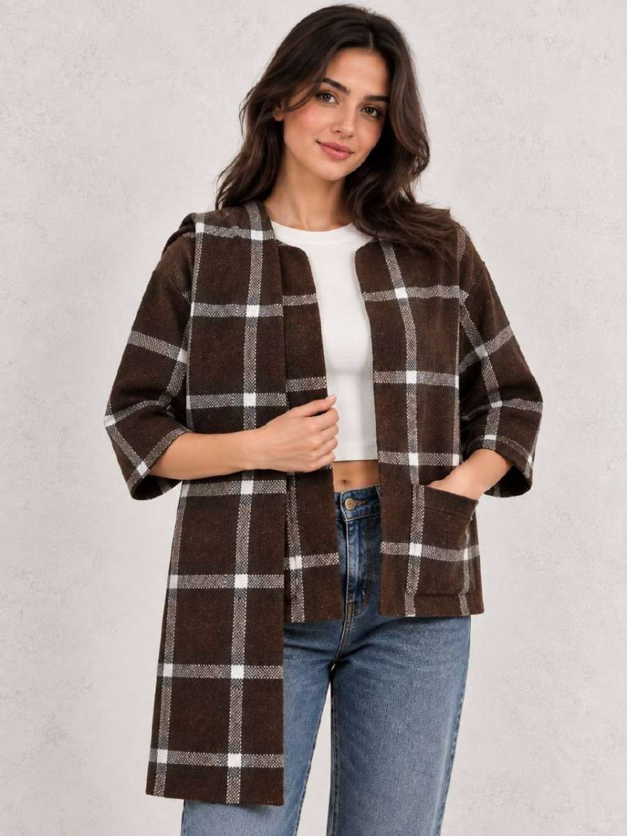Women s" Plaid Jacket with Matching Scarf — chocolate