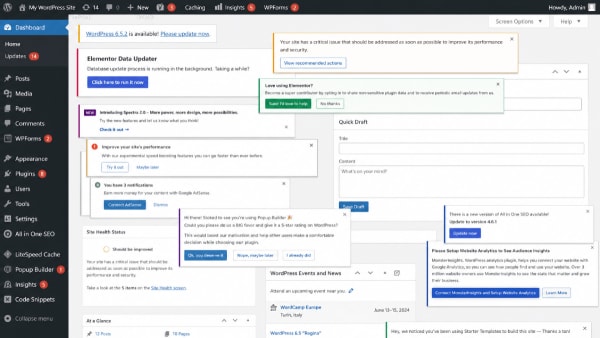 Cluttered WordPress admin dashboard with multiple menus and notices