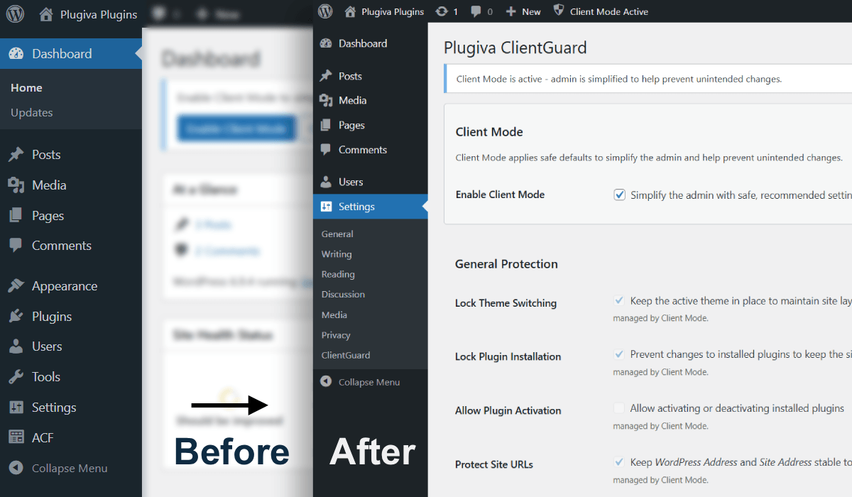 WordPress admin dashboard before and after enabling Plugiva ClientGuard