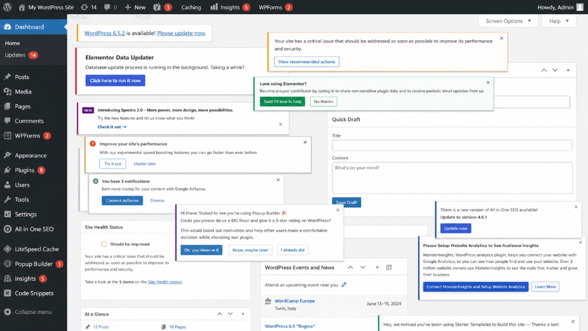 Cluttered WordPress admin dashboard with multiple menus and notices
