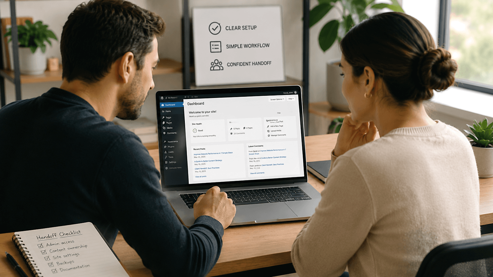 Two people reviewing a WordPress website before project handoff