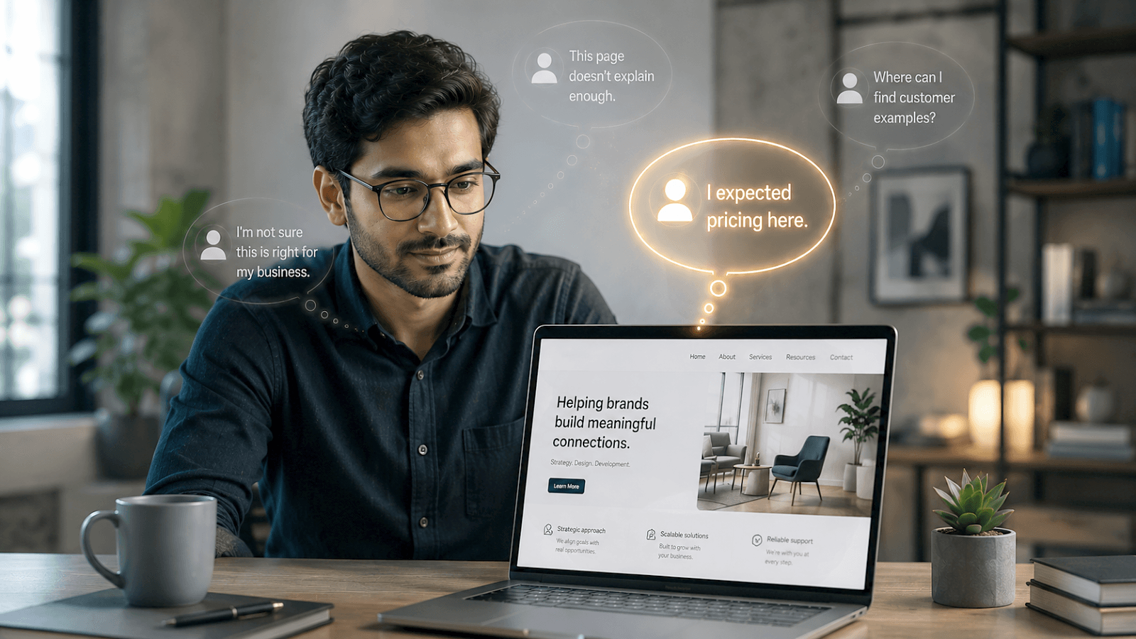 Website owner observing visitor feedback and hidden website insights
