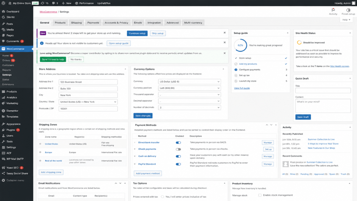 Crowded WordPress admin dashboard with many settings and plugin menus
