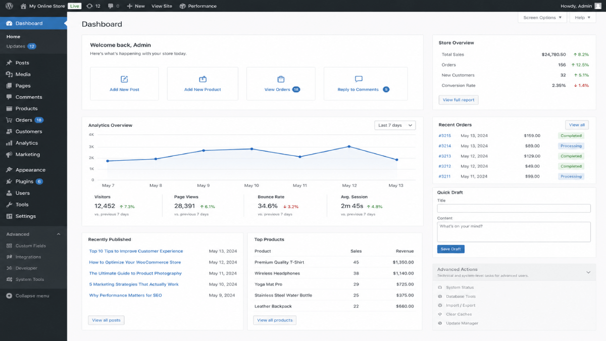 WordPress admin dashboard with separated menus and focused workflow layout