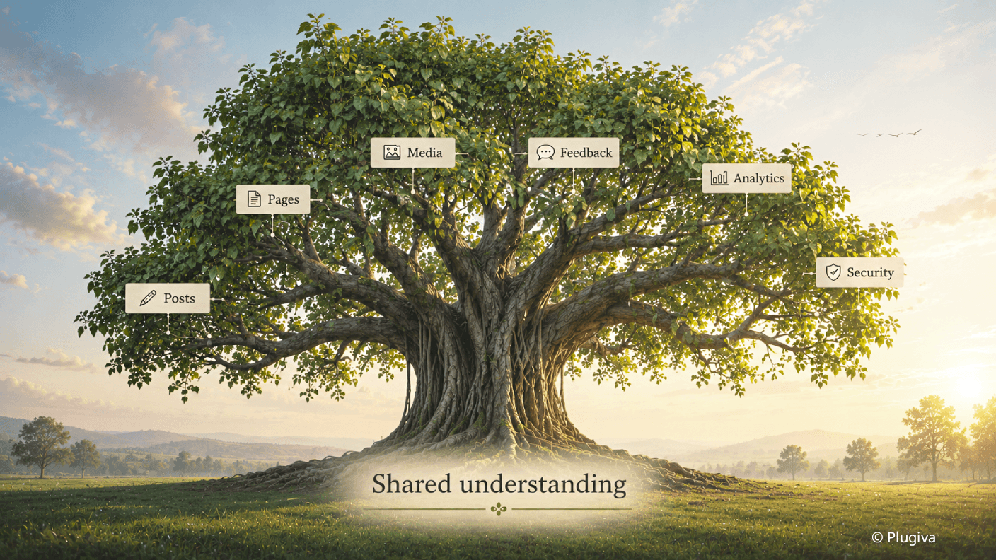 Mature tree with connected branches symbolizing shared understanding.
