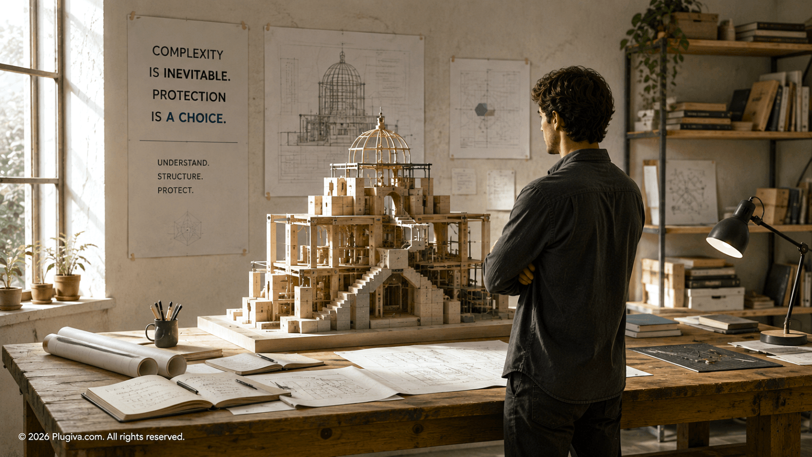 Man viewing an architectural model representing a growing system