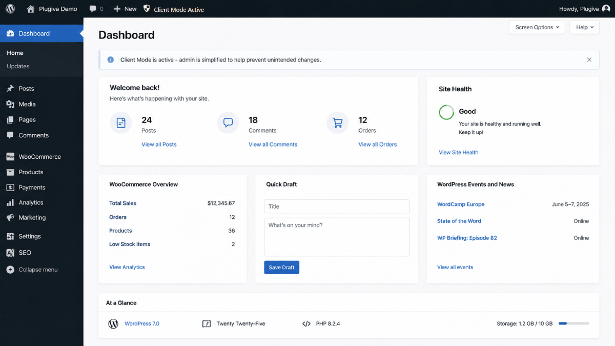 Clean WordPress admin dashboard with focused menus and organized layout
