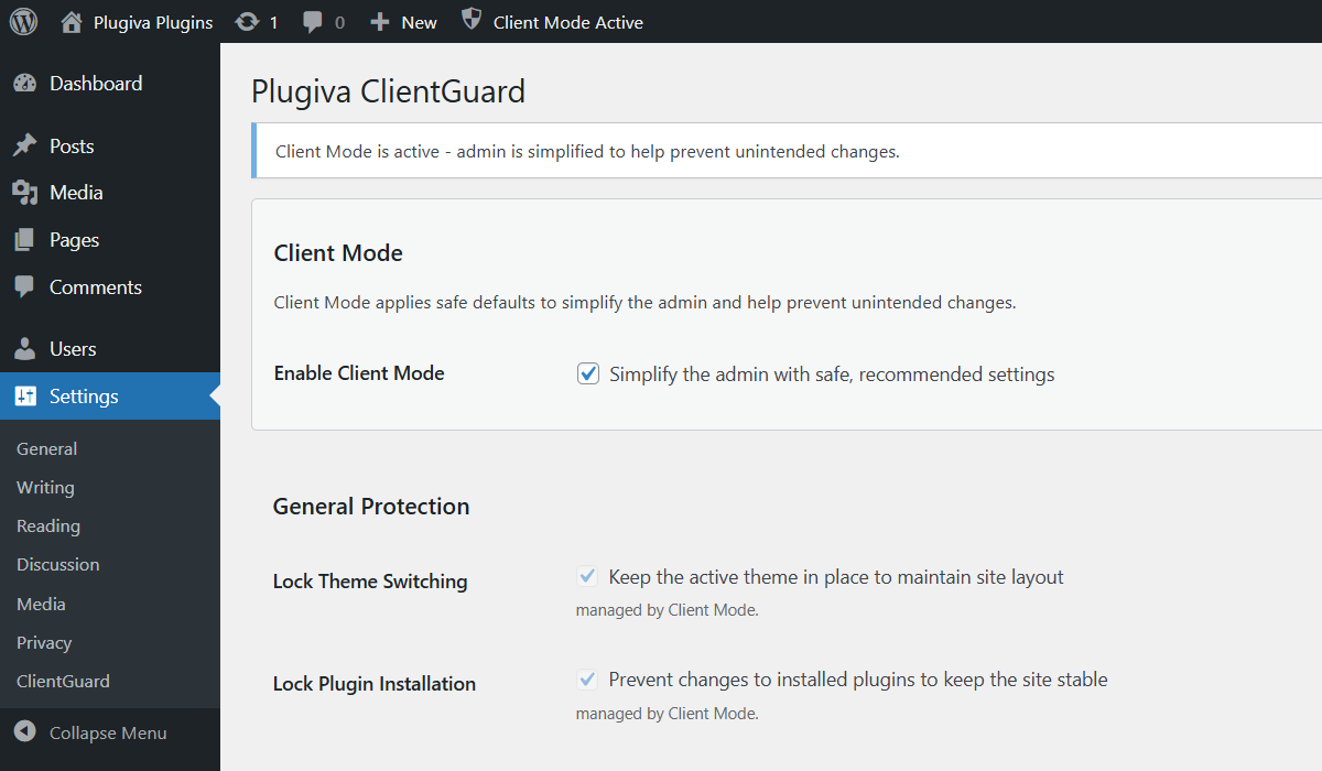 ClientGuard simplified WordPress admin