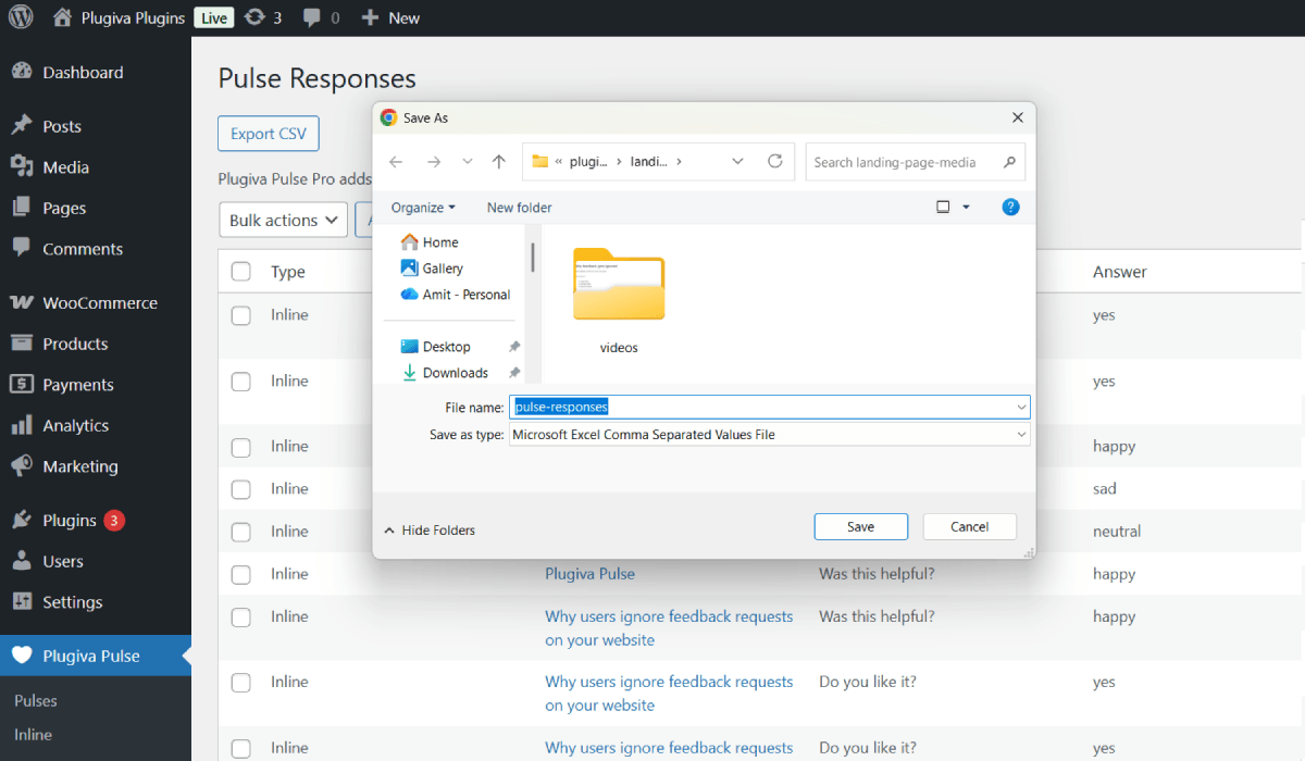 Plugiva Pulse responses dashboard inside WordPress admin