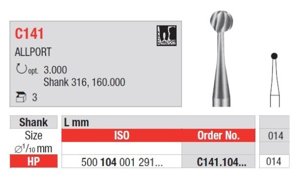 HARDMETALLBOR RUND HS C141-014 3 STK KIRURGISK EDENTA