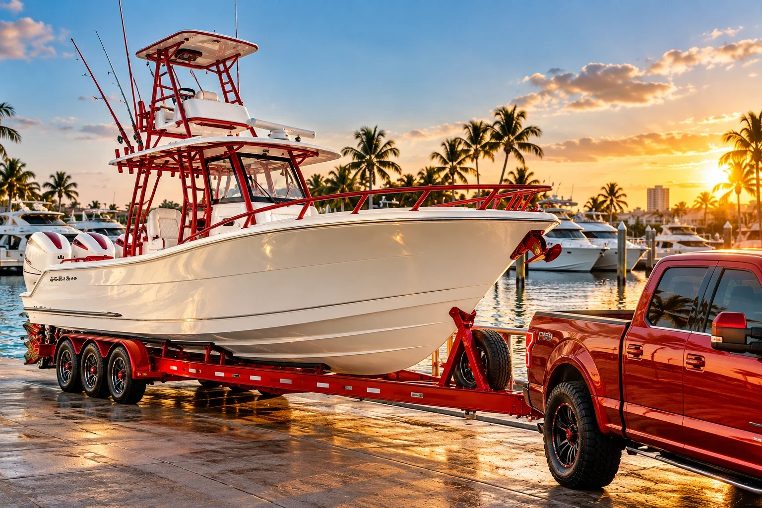 White yacht with custom red powder-coated accessories and truck