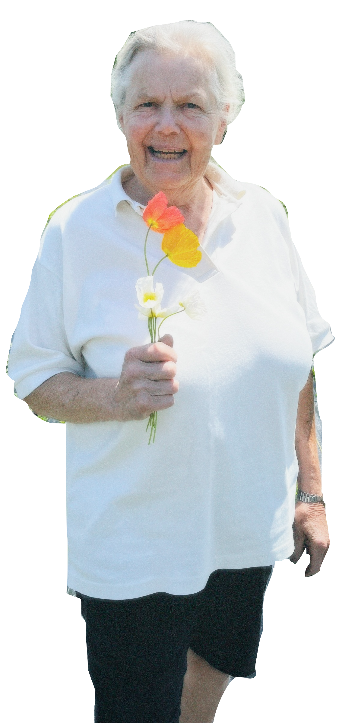 Elderly woman holding flowers