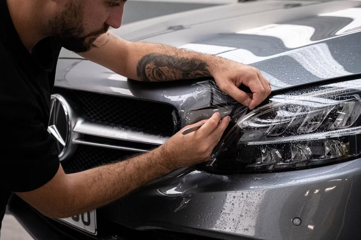 Freshly polished car headlights after professional restoration
