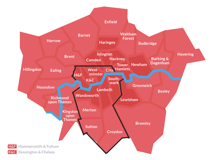Map showing Headlights Forever mobile headlight restoration coverage across South and Central London boroughs