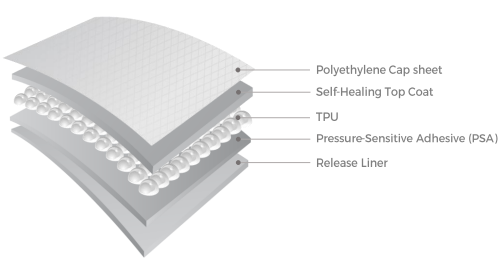 PPF film layer diagram showing Polyethylene Cap Sheet, Self-Healing Top Coat, TPU, Pressure-Sensitive Adhesive and Release Liner