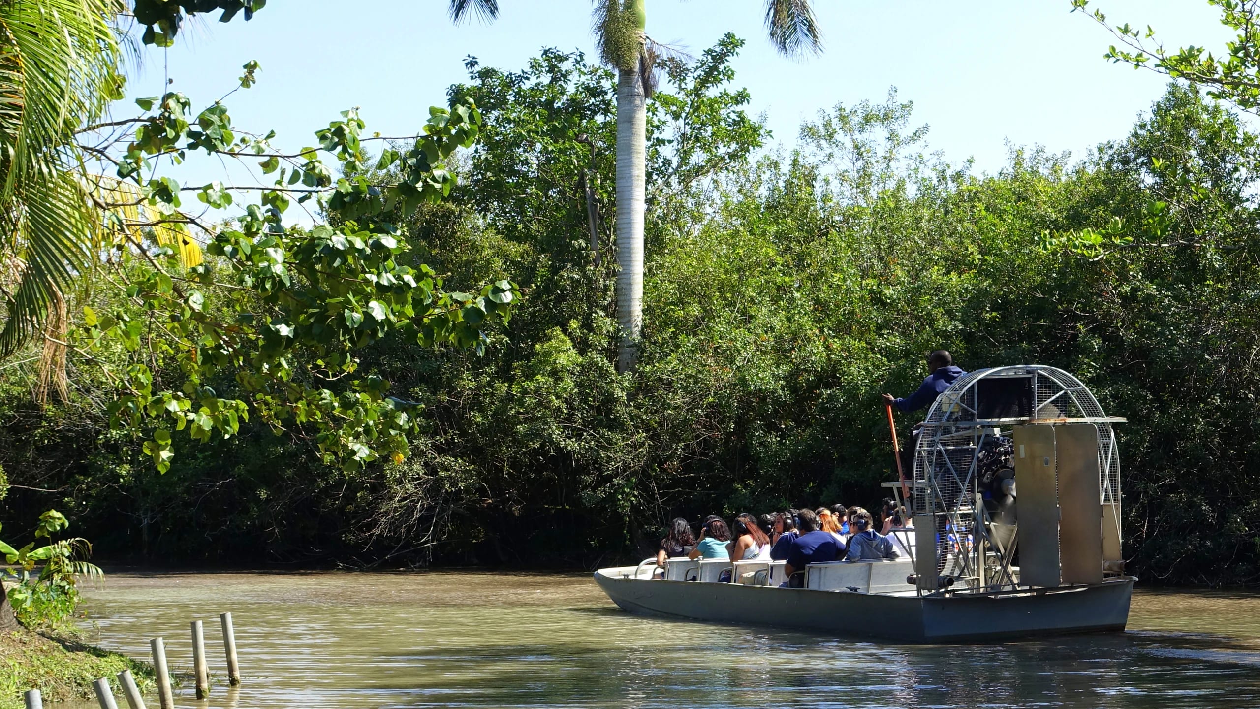 An airboat full of tourists gliding through the Everglades