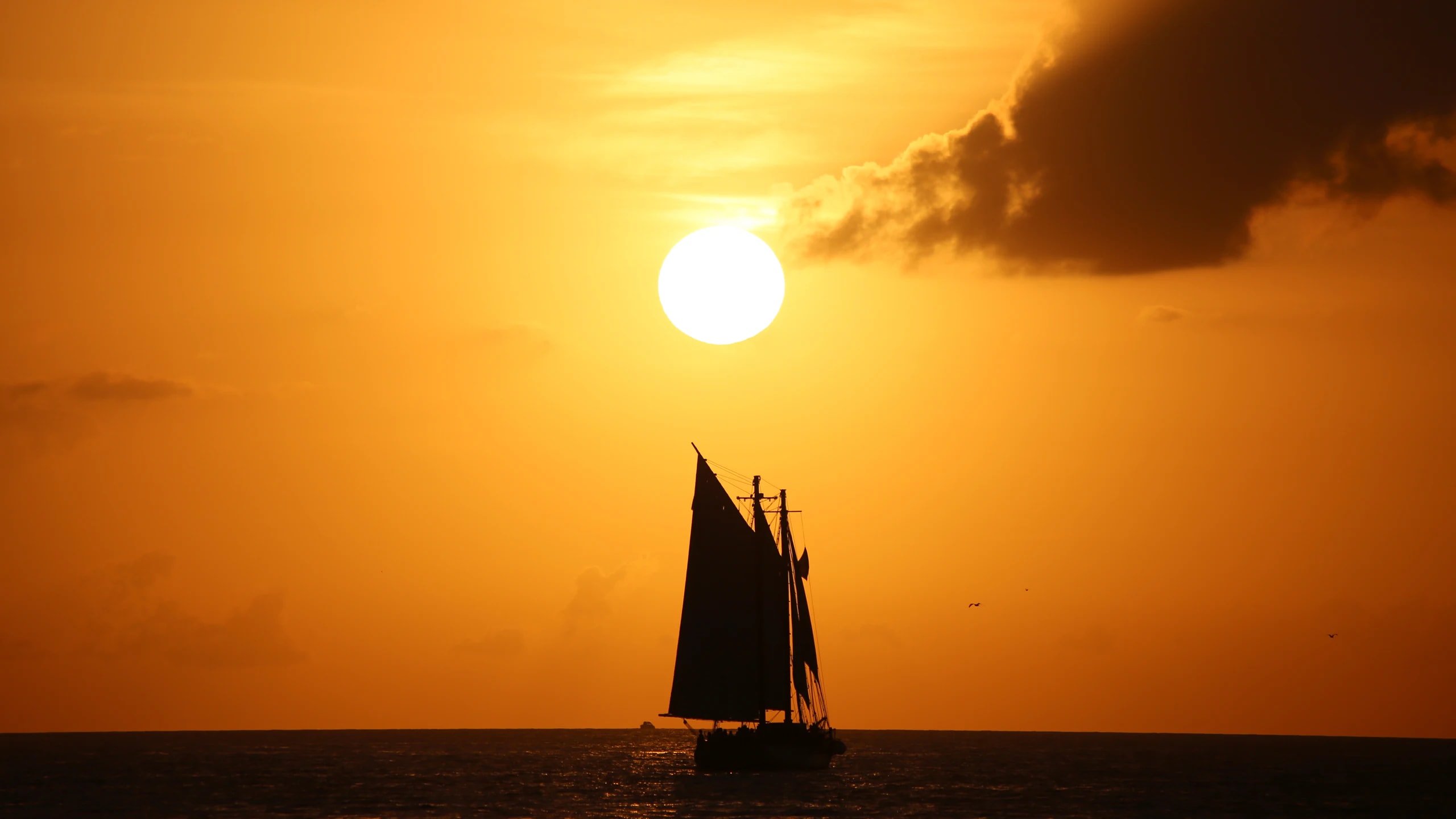 A sailboat silhouetted against an orange Key West sunset