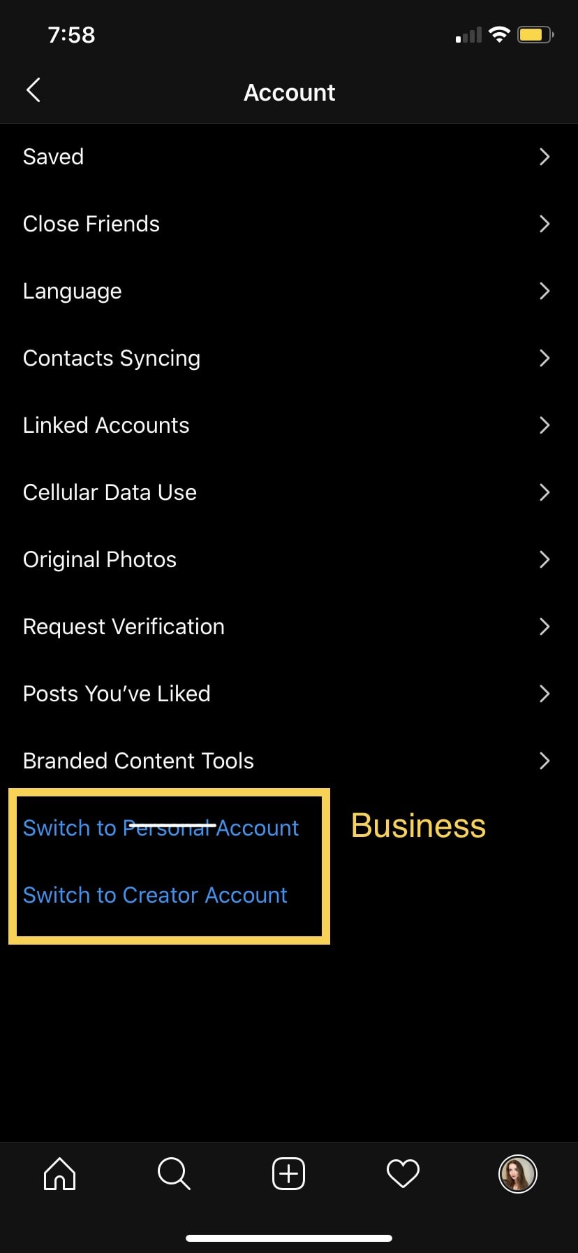 instagram switch buisness account