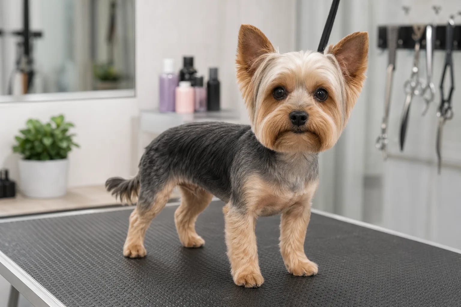 Йоркширски териер с практичен puppy cut стои спокойно в груминг салон