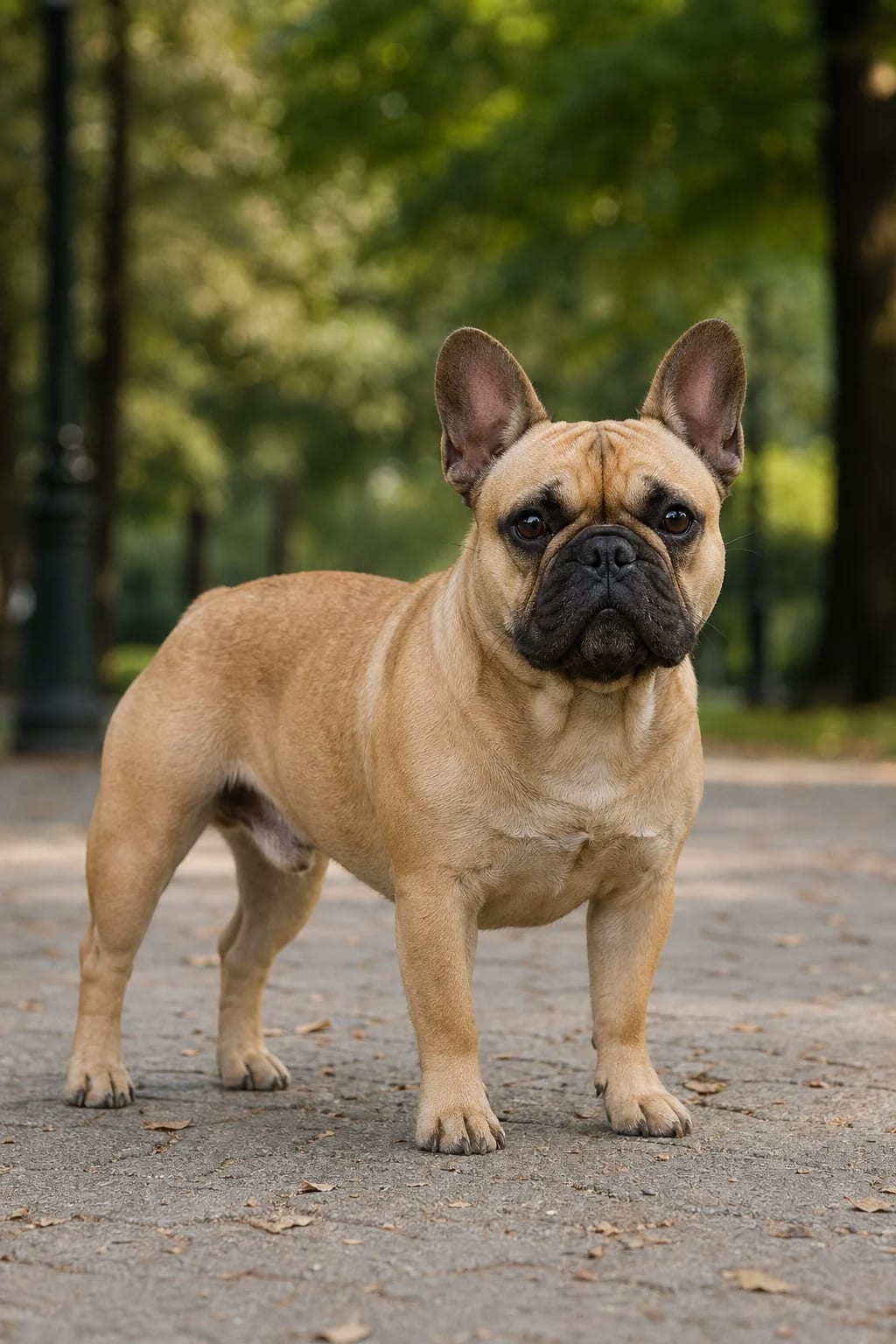 French Bulldog stands alert on a park path with compact body and typical bat ears