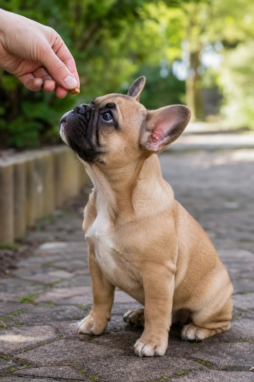 French Bulldog puppy focuses on reward-based training with a treat