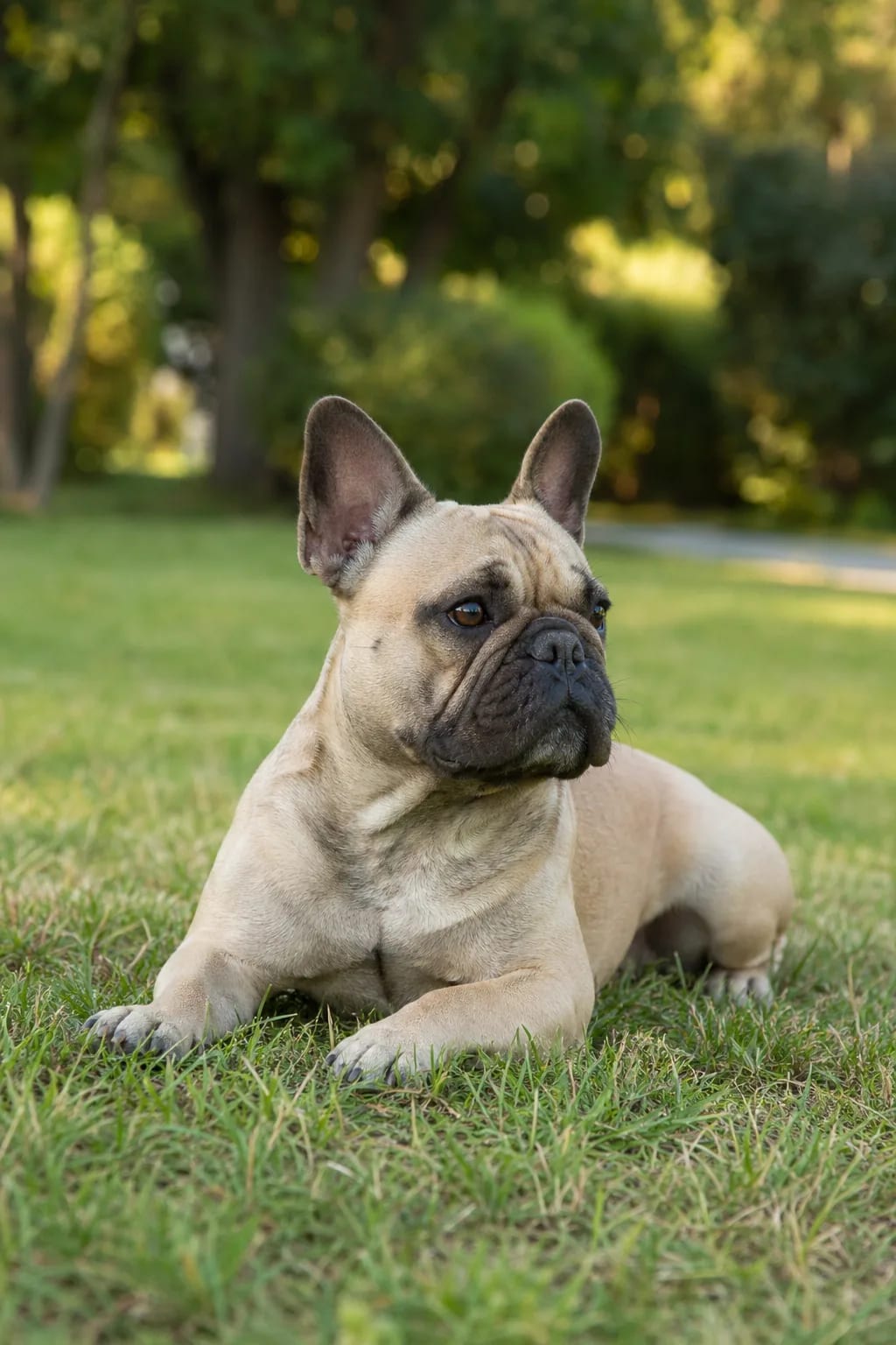 French Bulldog rests calmly on grass showing the breed short coat and compact frame