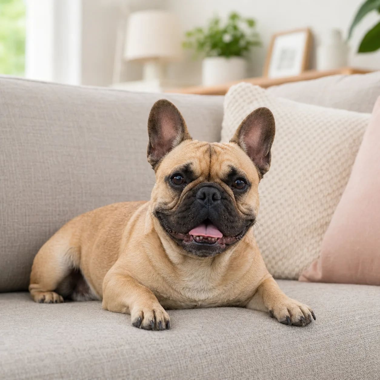 French Bulldog rests on a sofa after a meal with a playful expression