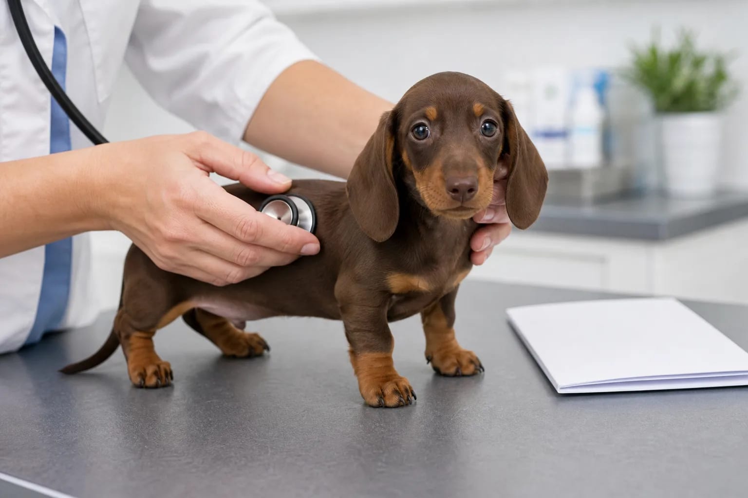 Бебе дакел преминава спокоен ветеринарен преглед със стетоскоп върху маса