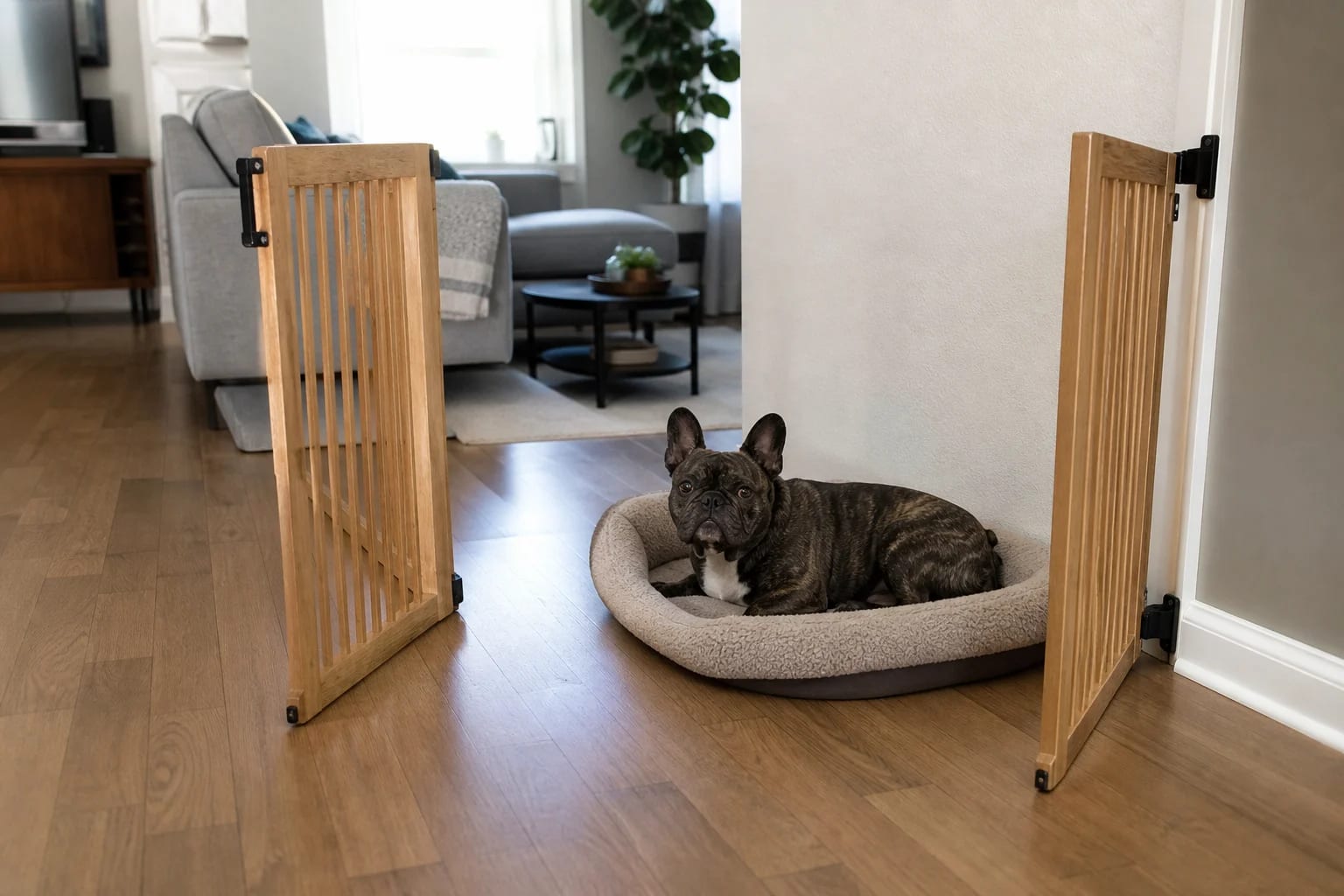 Тигров френски булдог почива на легло до отворена дървена преграда у дома