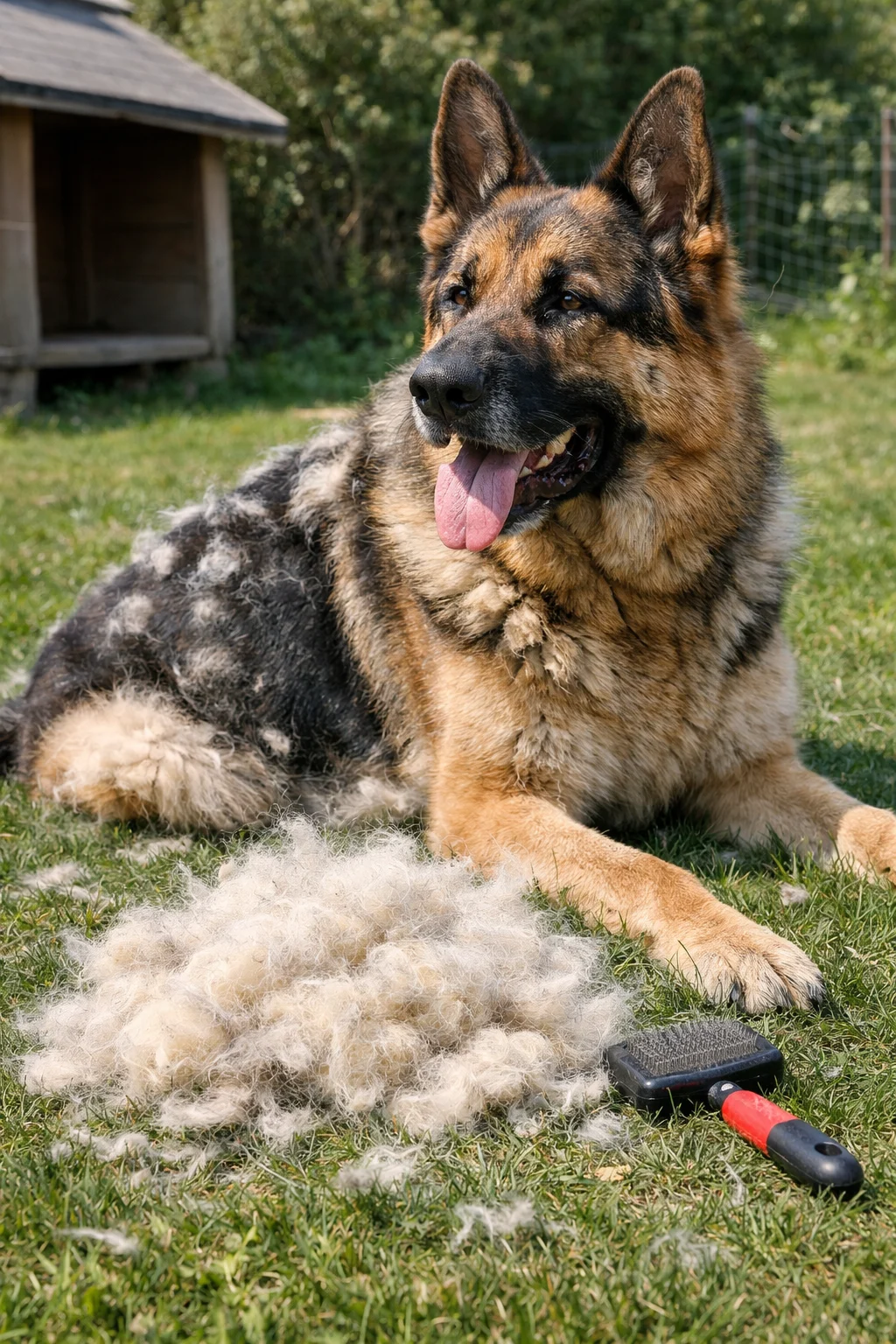 Процес на четкане на немска овчарка с deshedding tool на открито