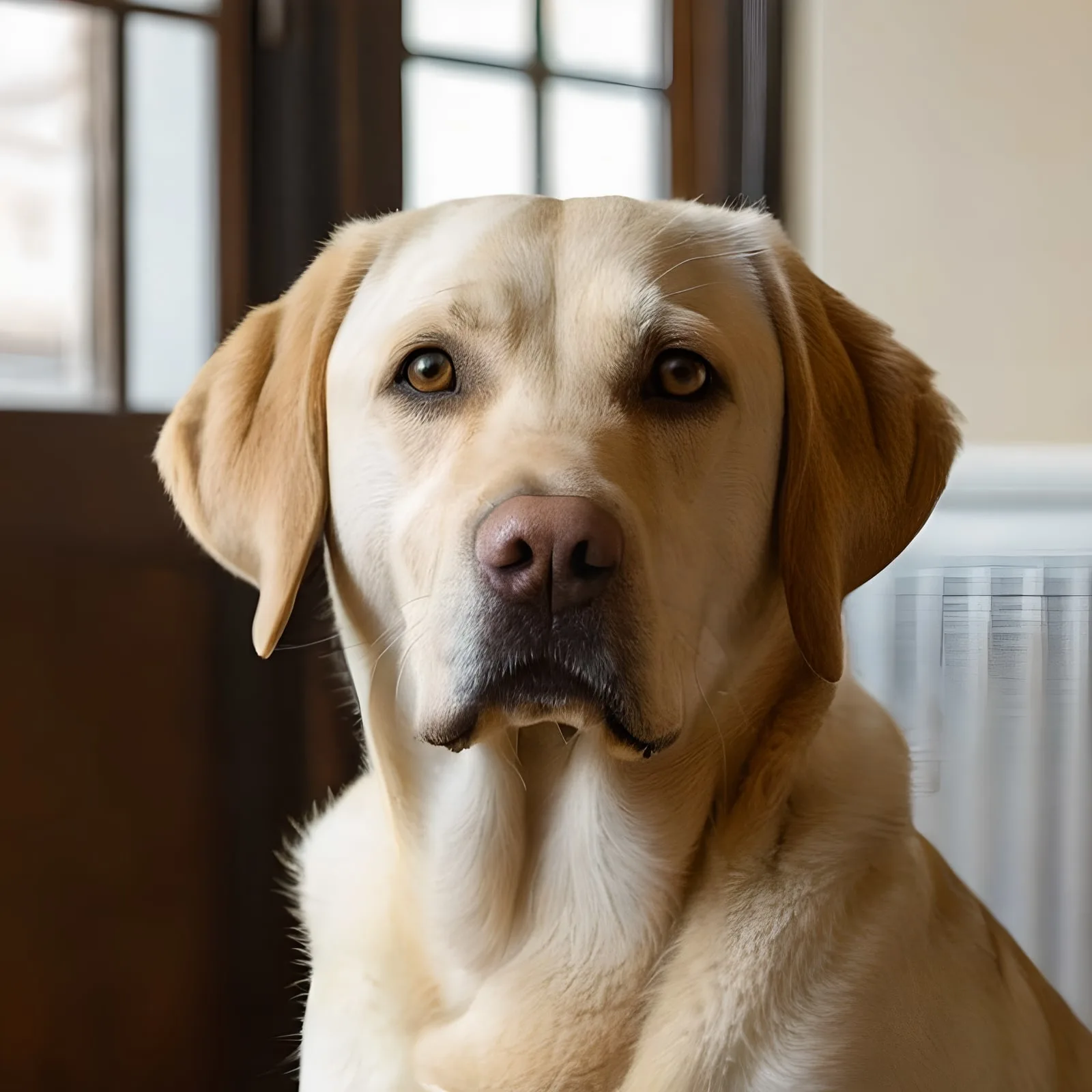 Жълт лабрадор ретривър показва гъста двуслойна козина в едър портрет