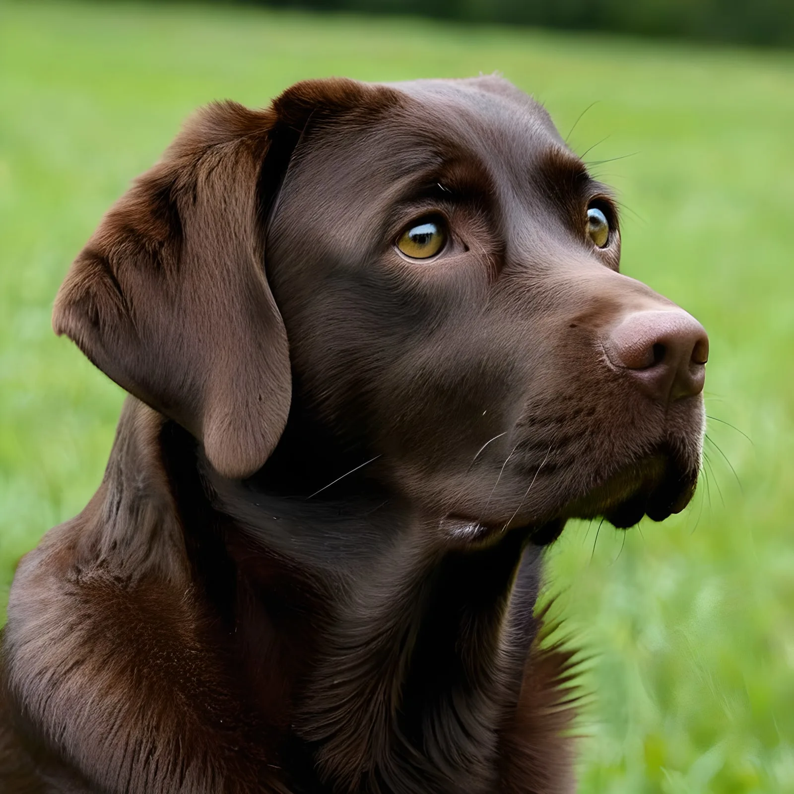 Шоколадов лабрадор в профил с блестяща късо подстригана козина сред тревата