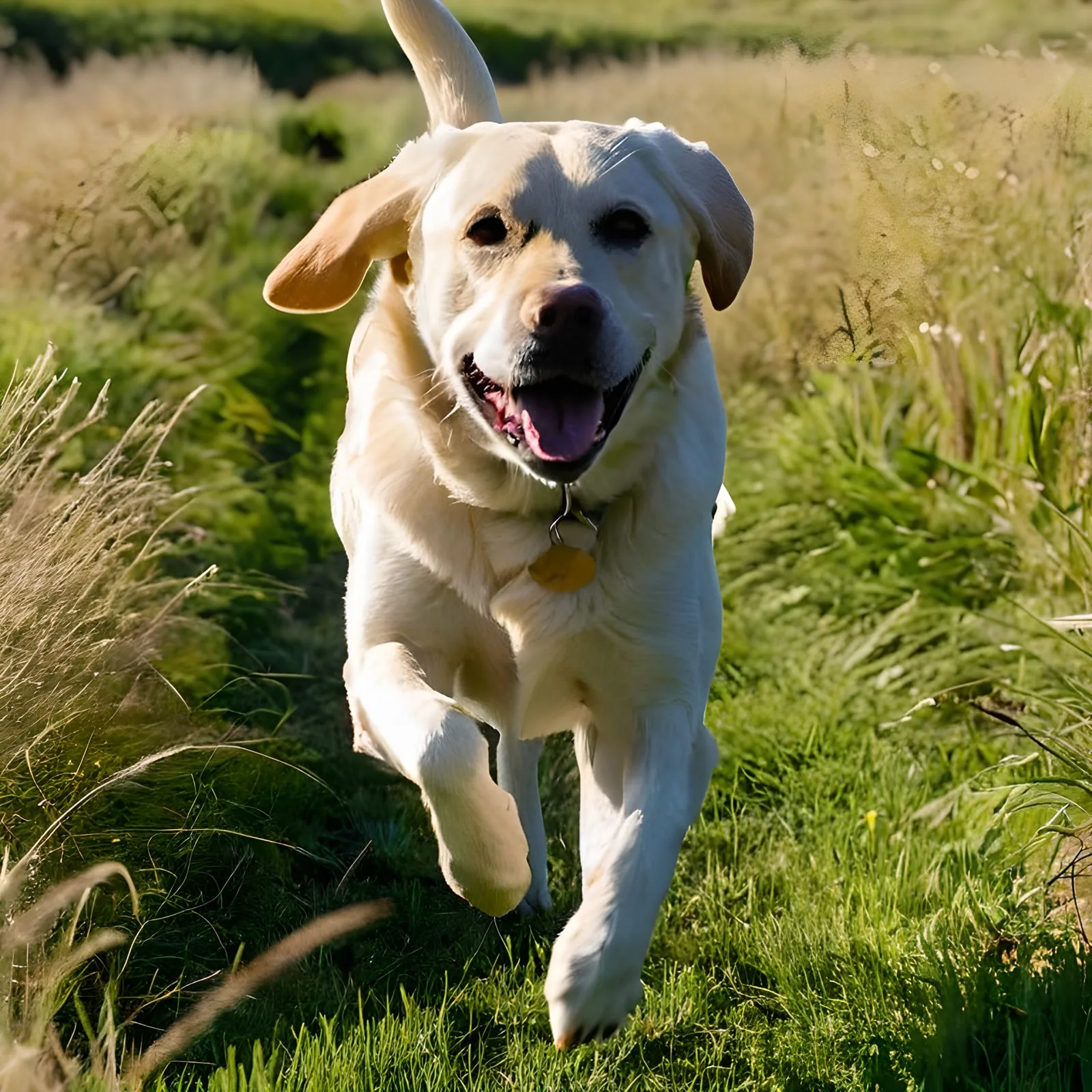 Жълт лабрадор тича през ливадата и демонстрира атлетична стойка и здрава козина