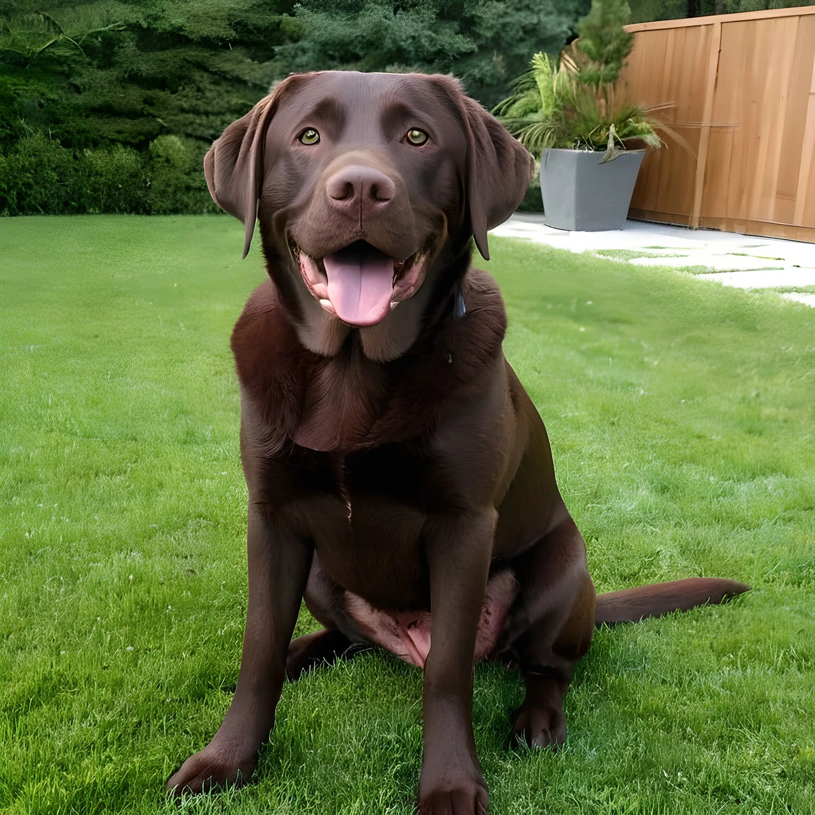 Щастлив шоколадов лабрадор в двора с език навън и добре поддържана козина