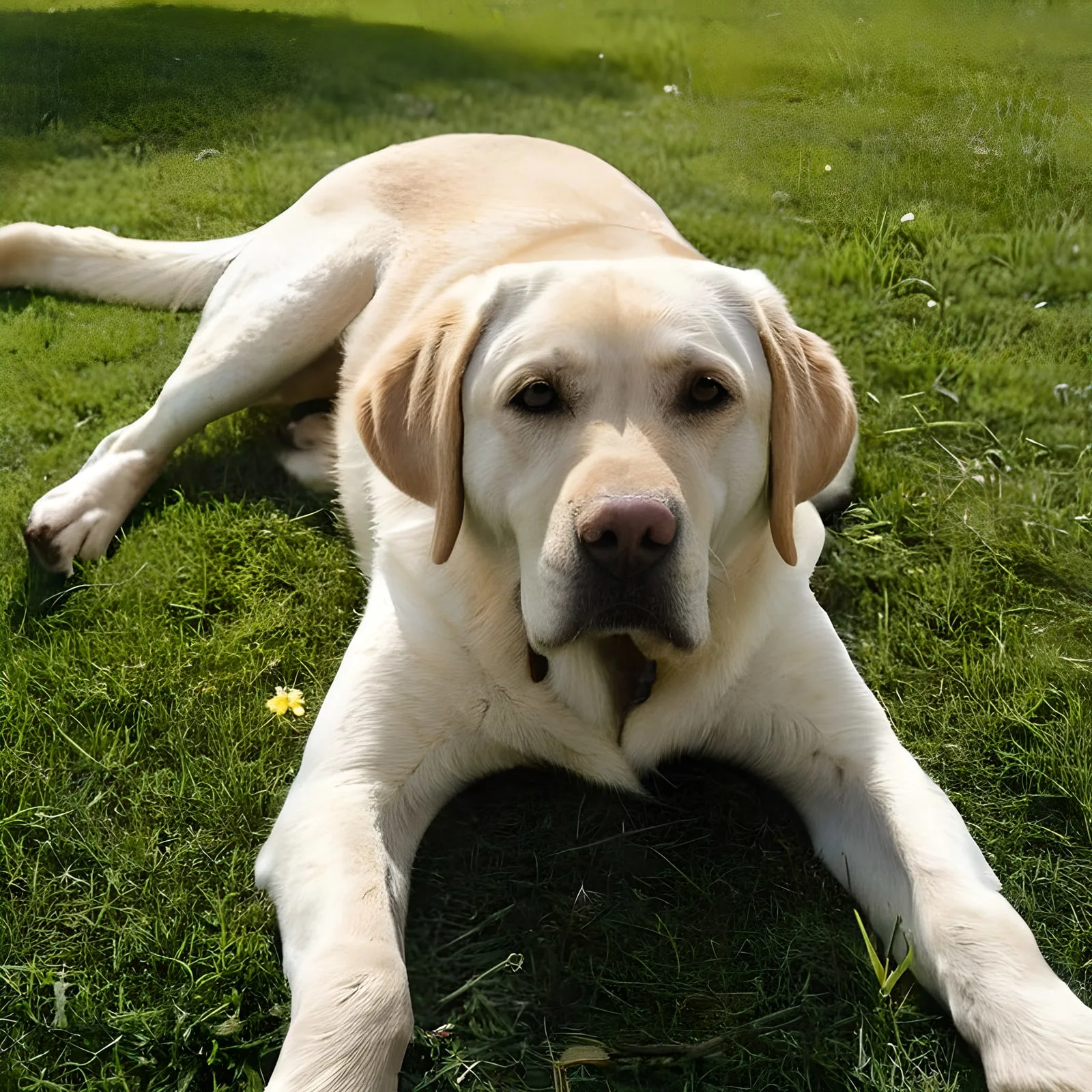 Жълт лабрадор ретривър си почива на тревата след дълга разходка