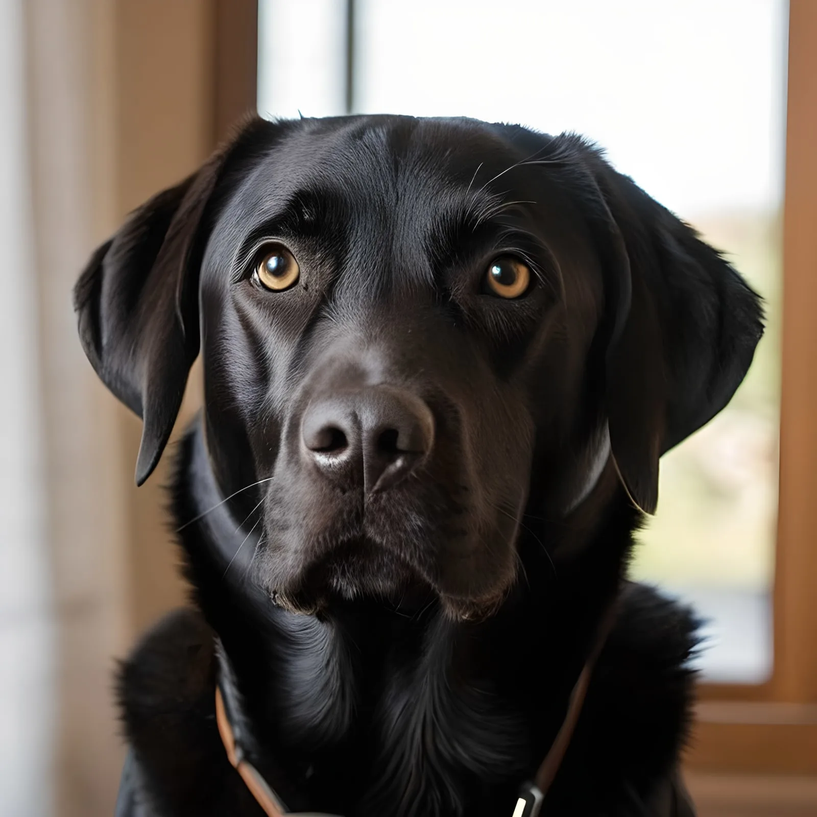 Черен лабрадор ретривър със спокойно внимателно изражение — здрав и добре поддържан