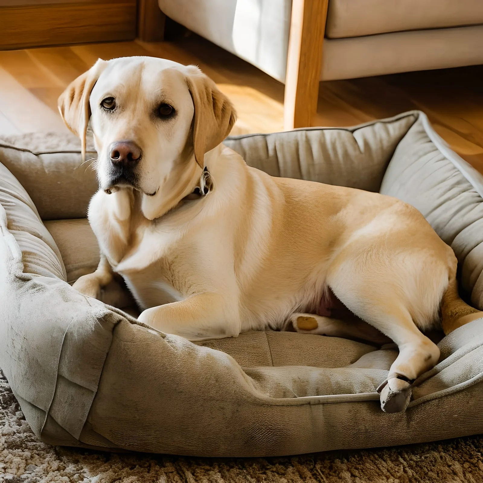 Възрастен жълт лабрадор почива спокойно на ортопедично легло — признак на добра грижа за сеньор