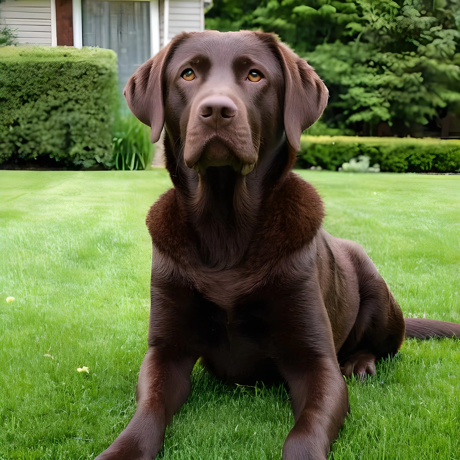 Шоколадов лабрадор седи на тревата и изглежда добре хранен и във форма