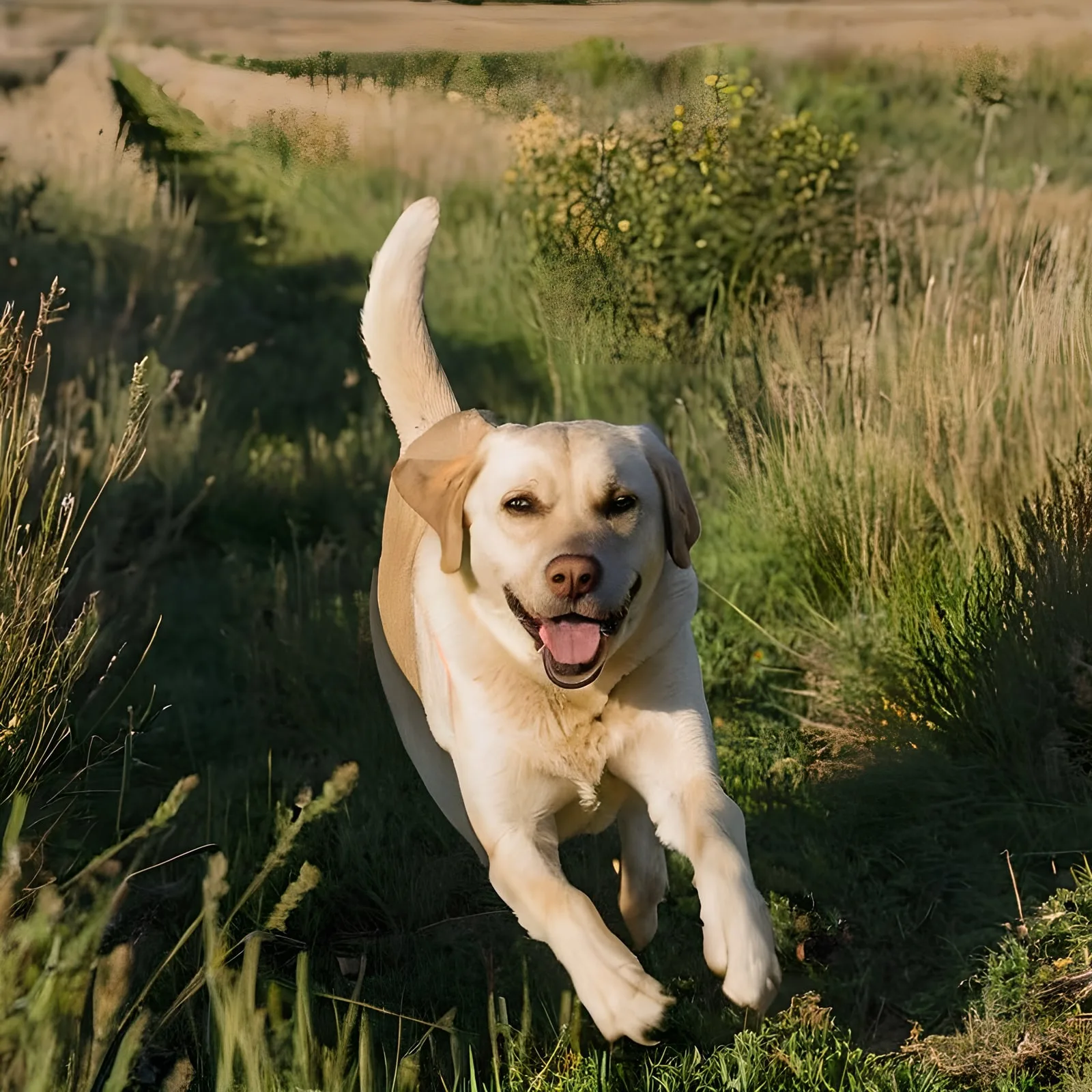 Жълт лабрадор тича активно през ливадата — редовното движение подкрепя здравето