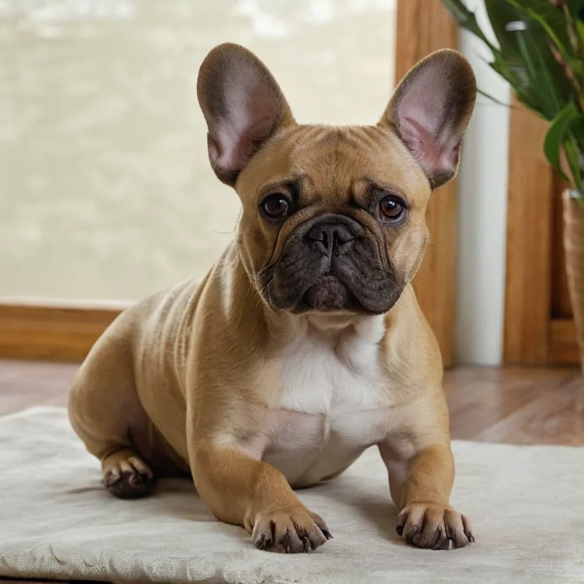 Френски булдог с гладка, добре поддържана козина седи на светъл фон